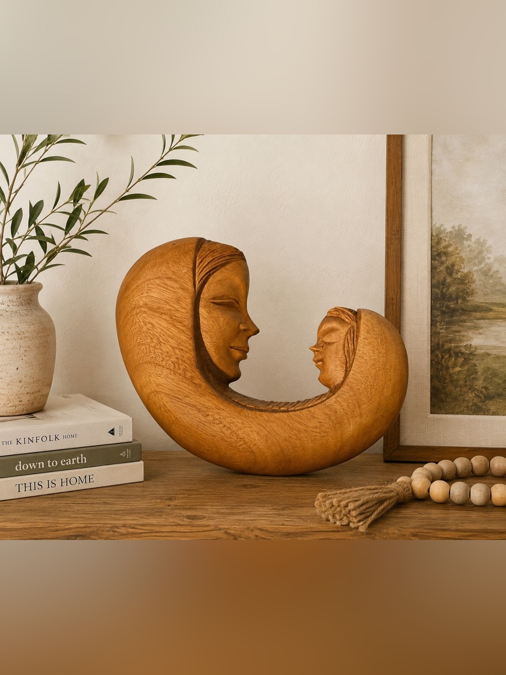 Vintage Hand-Carved Wooden Mother & Child Wall Art Sculpture 11”